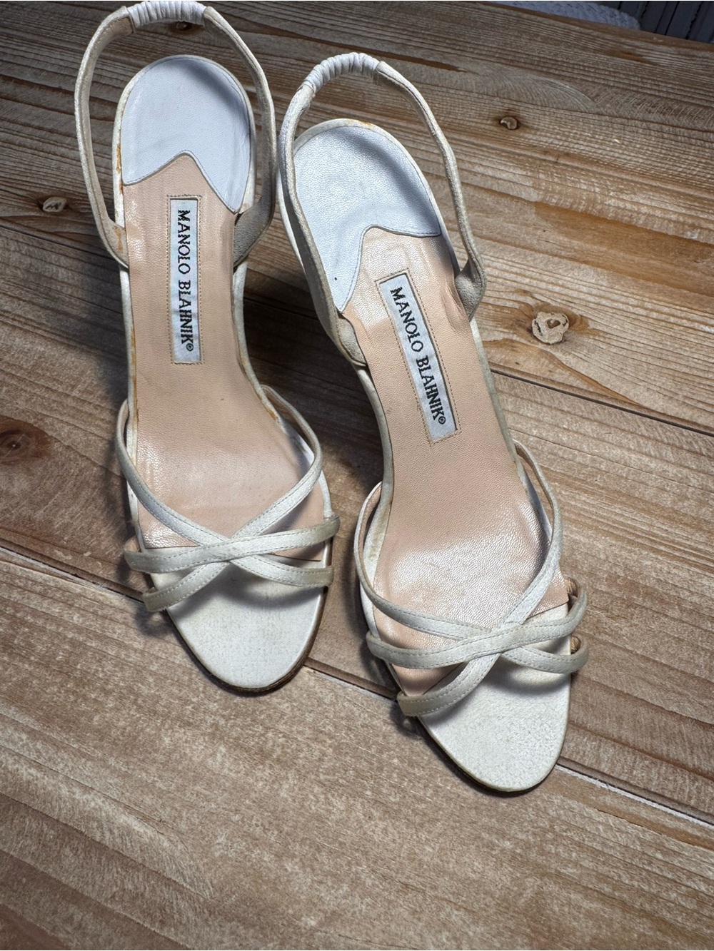 Manolo Blahnik Women's Ivory Strappy Slingback Sandals Silk 38 / 7.5